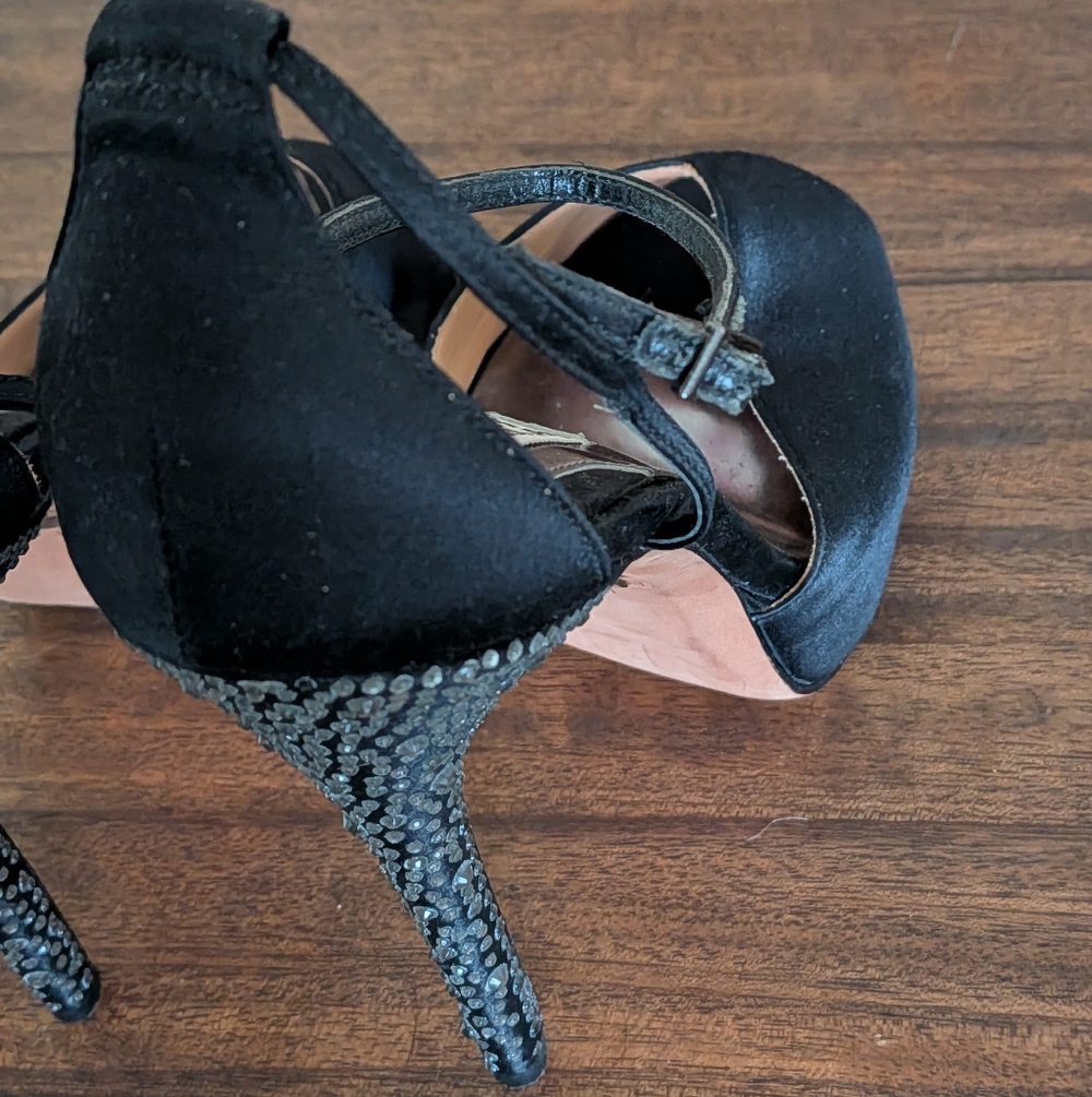 Badgley Mishka Black Satin Peep Toe Rhinestone Stiletto Heels - Picture 10 of 11